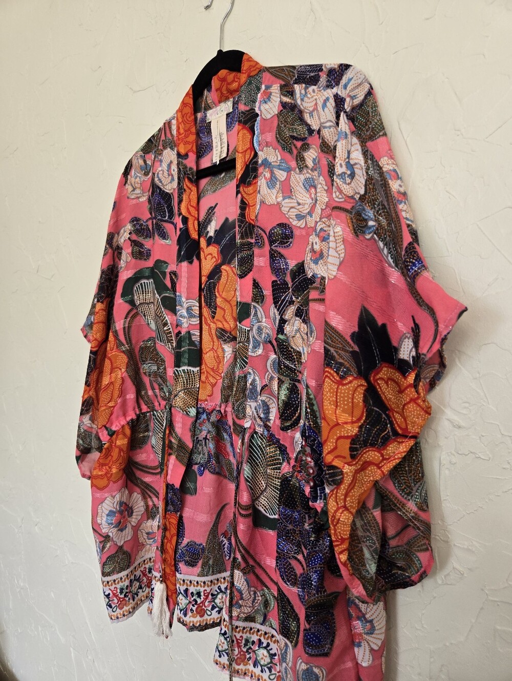 Free People Metallic Stripe Floral Drawstring Waist Pink Orange Kimono Top, OS - Picture 3 of 11